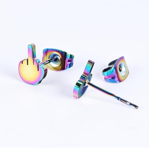 Metallic AB Rainbow Middle Finger Mini Hand Earrings Humor Statement Studs Punk - Picture 3 of 10